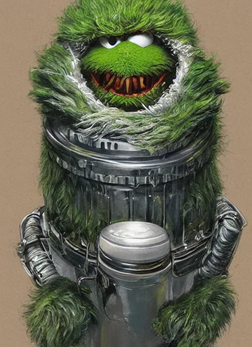 Image similar to portrait of Oscar The Grouch in The Thing (1982), highly detailed, centered, solid color background, digital painting, artstation, concept art, smooth, sharp focus, illustration, artgerm, donato giancola, Joseph Christian Leyendecker, Les Edwards, Ed Repka, WLOP, Artgerm