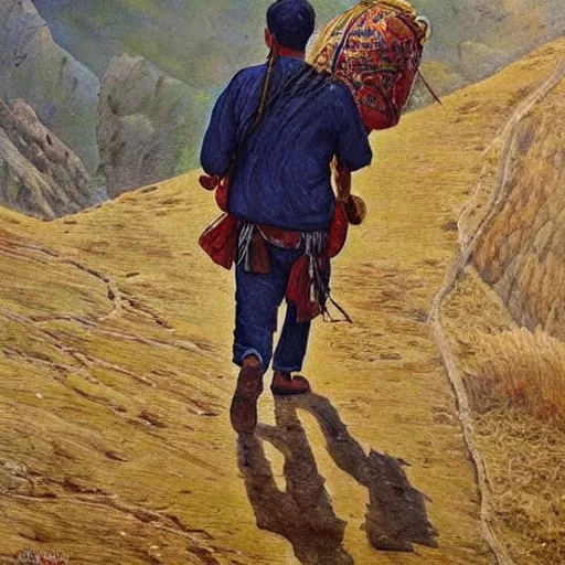 Image similar to kurdish man walking up a mountain with a huge backpack on with bags of rice attached on, beautiful painting by henry justice ford, incredible detail, award winning art