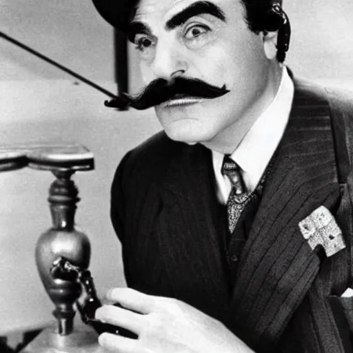 Image similar to scene of the hercule poirot tv serie featuring david suchet with a smaller moustache