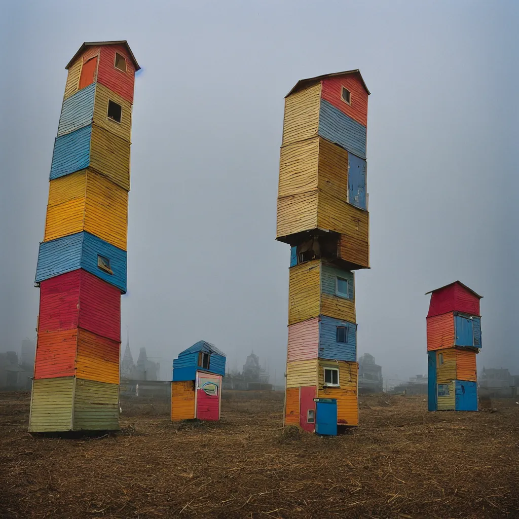 Prompt: two towers, made up of colourful stacked makeshift squatter shacks, bleached colours, plain uniform sky at the back, misty, mamiya, f 1. 8, ultra sharp, very detailed, photographed by julie blackmon