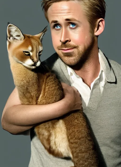 Image similar to Ryan Gosling holds a caracal cat in his hands, ultra highly detailed, smooth, sharp focus, elegant, artstation