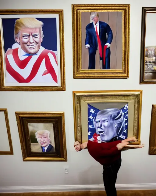 Image similar to a presidential portrait of donald trump in the style caricature artist dan springer hanging on a wall at mar - a - largo