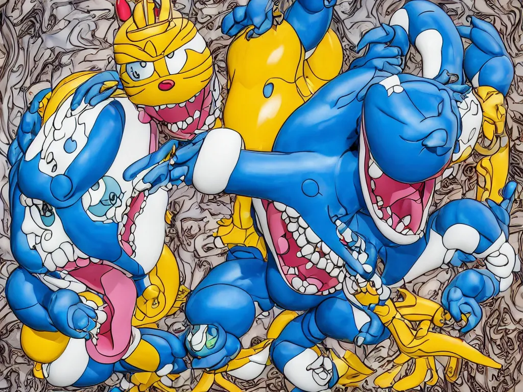 Image similar to Jeff Koons Doraemon Dorami Street Sharks Venom Galaxy Rangers Fractal Dragon statue, in the style of Hajime Sorayama, Max Fleischer, Boris Vallejo