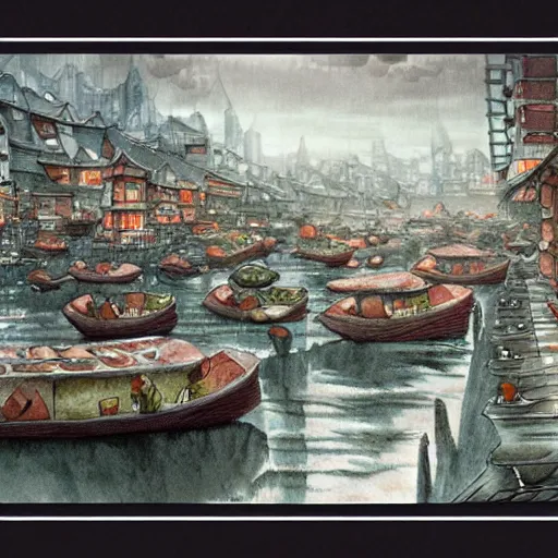 Image similar to sushi city, a detailed matte painting by anton pieck, deviantart contest winner, fantasy art, concept art, official art, matte drawing