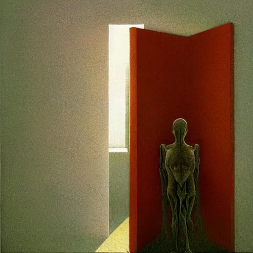 Image similar to a grinning giant looking inside someones house through the door hyper realistic in the style of zdzisław beksinski