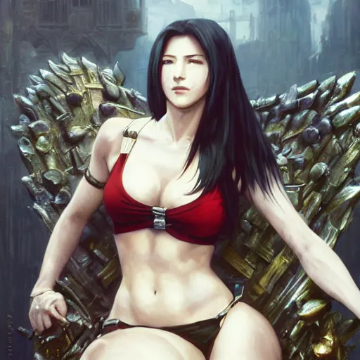 Image similar to a painting of tifa from final fantasy 7, in kings landing from game of thrones, sitting majestic on the iron throne, by greg rutkowski, artgerm, wlop, ruan jia, krenz cushart, alphonse mucha, marble, gold, unreal engine 5