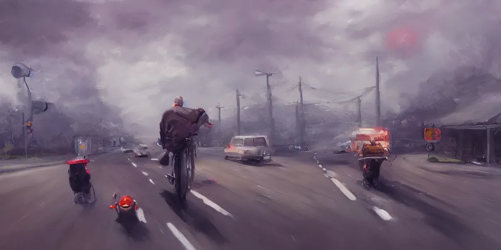 Prompt: Grampa zooming down the highway, hectic oil painting featured on ArtStation