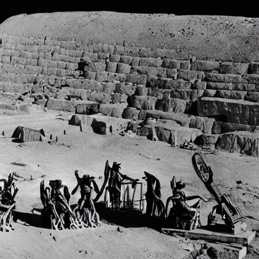 Prompt: archival photograph of aliens constructing the pyramids in Egypt 5,000 years ago