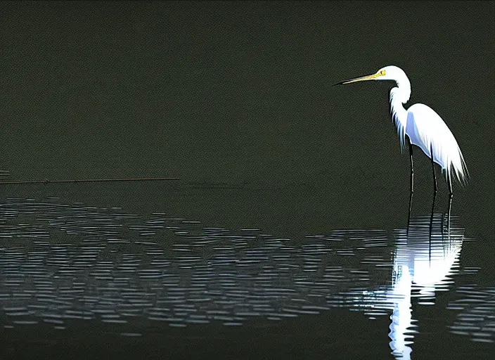 Prompt: an extremely detailed masterpiece photorealistic of a snowy egret in a bird sanctuary rookery, in the style of brian bolland, digital art, unreal engine, volumetric lighting, dark moody lighting, epic scene