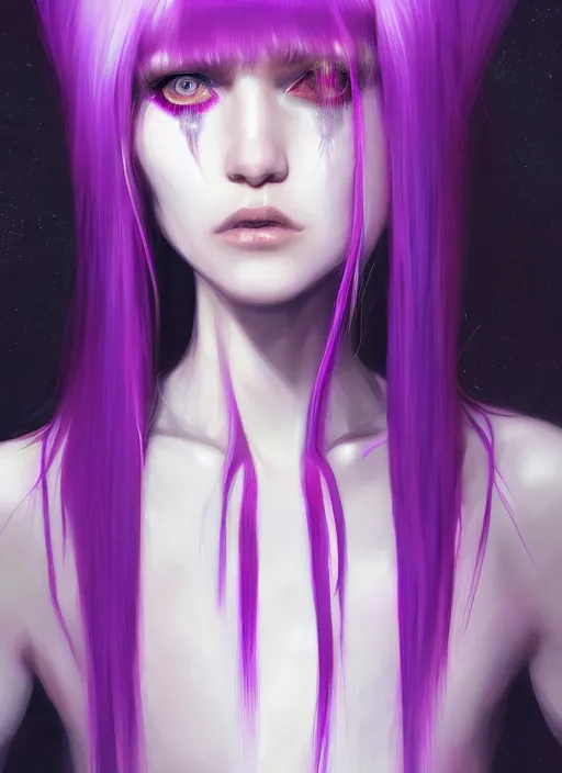 Image similar to hair whitebangs hair, black cyberlox, portrait of normal teenage girl, white bangs, messy bangs, fluffy bangs, cyberlox, whitebangs, red irises, purple background, intricate, elegant, highly detailed, digital painting, artstation, concept art, sharp focus, smooth, illustration, art by wlop, mars ravelo and greg rutkowski