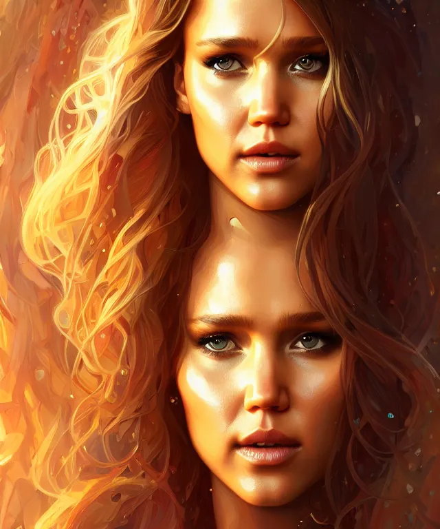 Image similar to half jessica Alba half Jennifer lawrence, a fantasy beautiful woman portrait, amber loving eyes, face, long hair, fantasy, intricate, elegant, highly detailed, digital painting, artstation, concept art, smooth, sharp focus, illustration, greg rutkowski and alphonse mucha