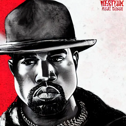 Image similar to kanye west in stephen bliss illustration red dead redemption 2 artwork of kanye west, in the style of red dead redemption 2 loading screen, by stephen bliss, artstation