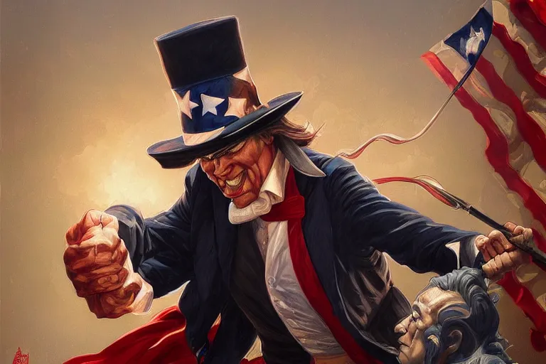 Prompt: painting of uncle sam punching steven seagal, d & d, fantasy, intricate, elegant, highly detailed, digital painting, artstation, concept art, smooth, sharp focus, illustration, art by artgerm and greg rutkowski and alphonse mucha