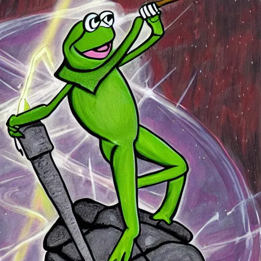 Prompt: epic painting of kermit the frog drawing excalibur out of the stone and holding it above his head, embracing his destiny, beams of light envelop the sword