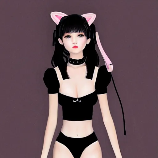 Image similar to realistic detailed semirealism beautiful gorgeous natural cute excited happy Blackpink Lalisa Manoban black hair black cat ears, wearing white camisole outfit, headphones, black leather choker artwork drawn full HD 4K high resolution quality artstyle professional artists WLOP, Aztodio, Taejune Kim, Guweiz, Pixiv, Instagram, Artstation