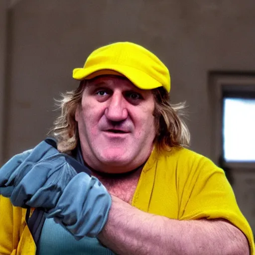 Image similar to Gérard Depardieu as Wario, yellow overall, yellow cap