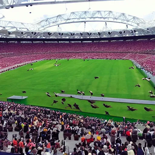 Prompt: the Olympic Stadium being invaded by ducks