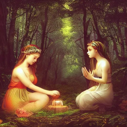 Image similar to “the goddess of love and her daughter making a ritual in a magical forest, sharp focus, detailed, digital art, extra detail, HD, fantasy, 8k”