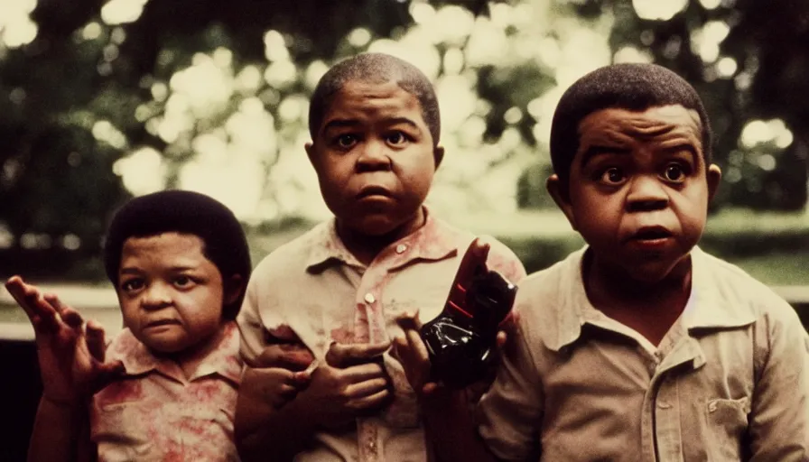 Image similar to 7 0 s film still from a horror movie of gary coleman and emmanuel lewis, kodachrome, cinecolor, cinestill, film grain, film texture, retro, cinematic, high resolution, photorealism,