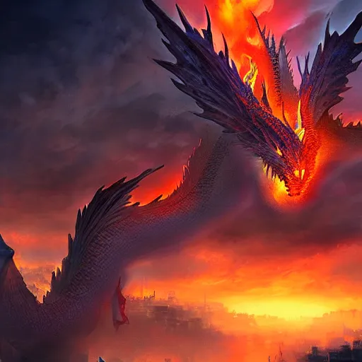 Image similar to large dragon flying over a city breathing fire, etheral, matte painting