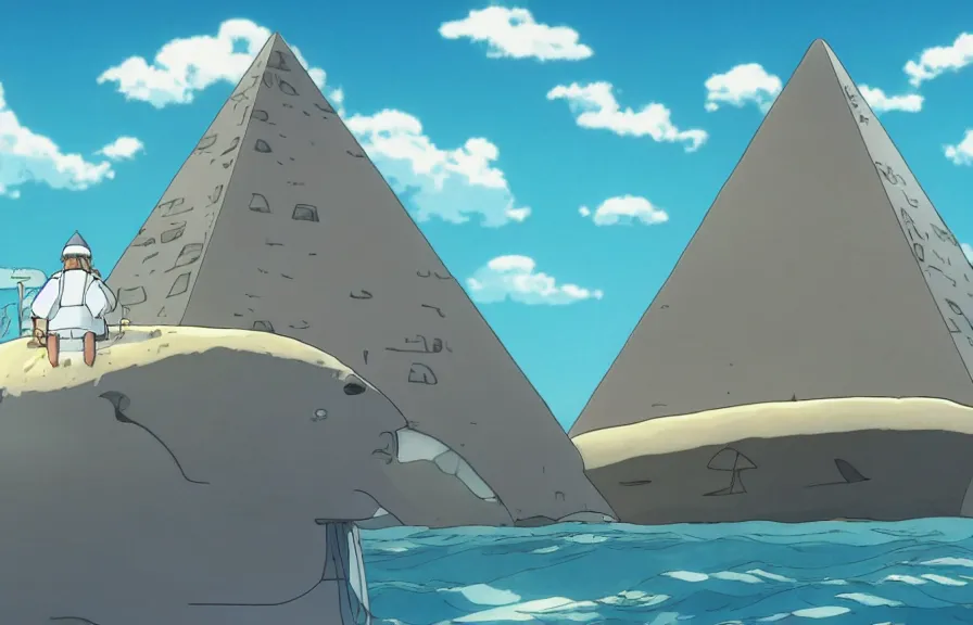 Prompt: a realistic studio ghibli cell shaded cartoon showing a submarine in front of a white pyramid with a gold capstone underwater at the bottom of the sea. shafts of sunlight come from above. wide shot, very dull muted colors, hd, 4 k, hq