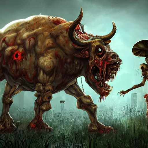 Image similar to zombie fungus behemoth, anthropomorphic, last of us, mushroom, juggernaut, water buffalo, ultra detailed, 8 k, trending on artstation, award - winning art,