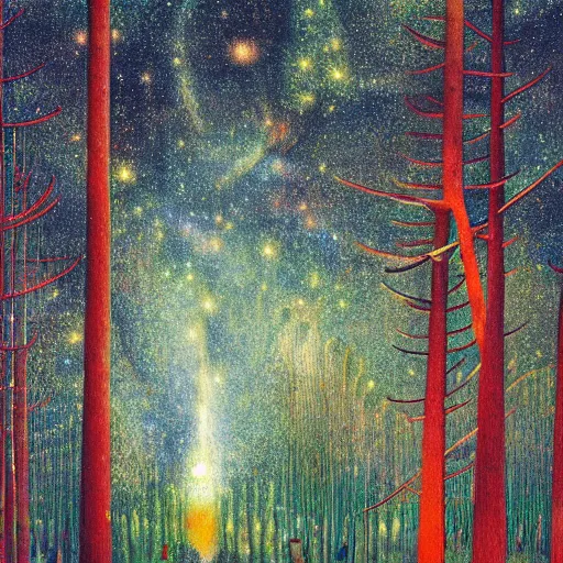 Prompt: psychedelic lush pine forest, outer space, milky way, amber eyes cat eyes designed by arnold bocklin, jules bastien - lepage, tarsila do amaral, wayne barlowe and gustave baumann, cheval michael, trending on artstation, star, sharp focus, colorful refracted sparkles and lines, soft light, 8 k 4 k