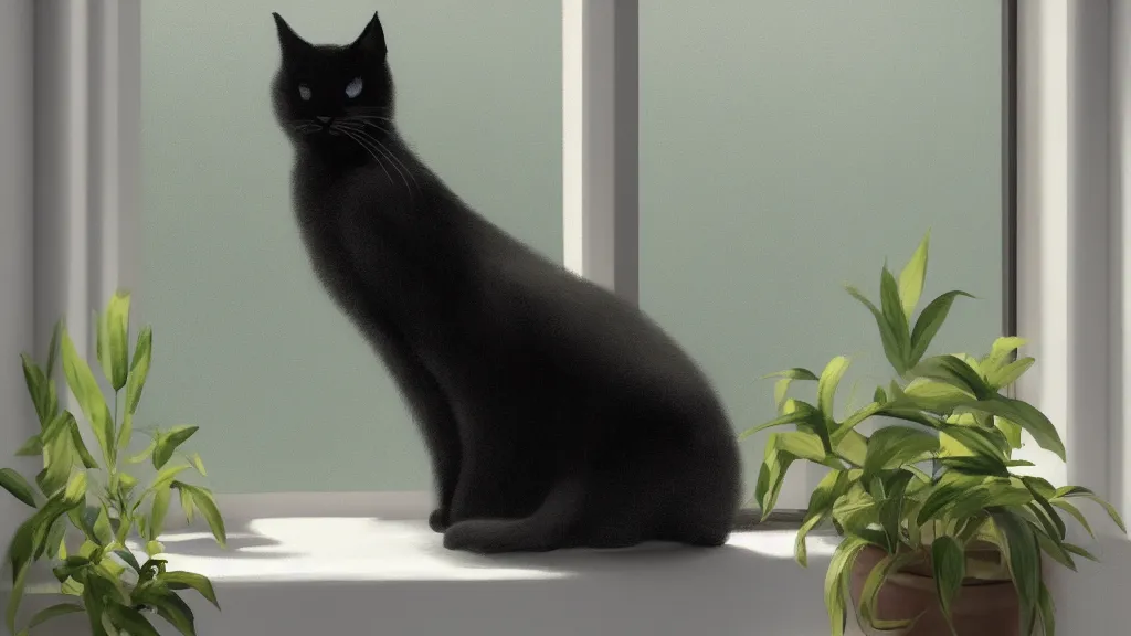 Image similar to peaceful dreamy painting of a content black cat sitting by a window and looking outside, sunshine coming through the window, small plants on the window sill, 8k, hyper realism, trending on artstation, octane render, oil painting