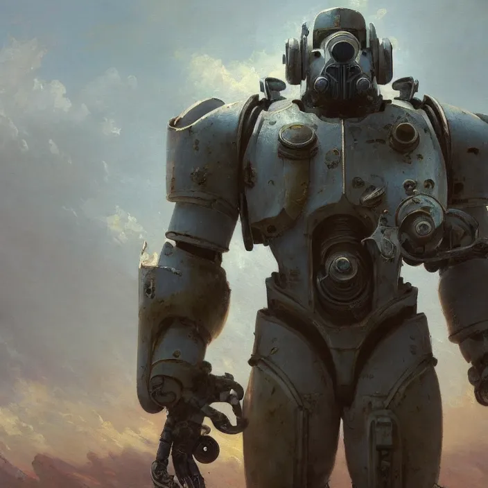 Prompt: a beautiful oil painting of a t - 4 5 power armor, fallout 4 by ivan aivazovsky and greg rutkowski and james gurney and frank lloyd and sung choi and monet, in style of impressionnisme. hyper detailed, sharp focus, soft light. unreal engine 5 lumen. ray tracing. trending on artstation. oil on canvas