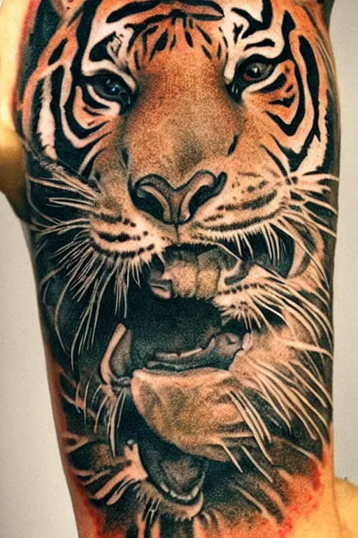 Prompt: tattoo of a tiger, detailed, colored