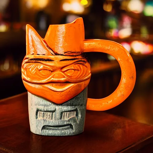 Image similar to a closeup photorealistic photograph of an orange cat garfield style tiki mug sitting on a trader vic's bar featuring garfield's face. tiki party. bright scene. fine detail. this 4 k hd image is trending on artstation, featured on behance, well - rendered, extra crisp, features intricate detail, epic composition and the style of unreal engine.
