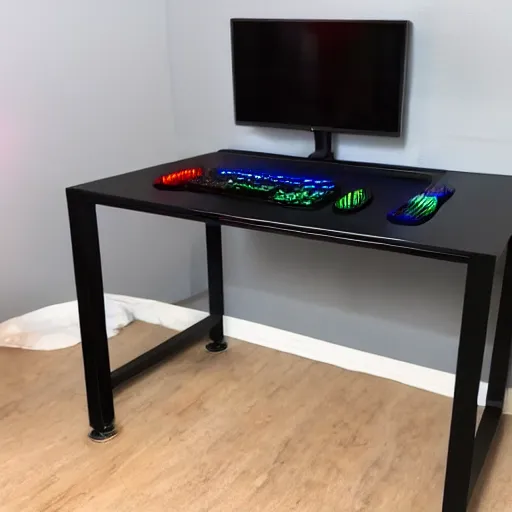 Prompt: photo of rgb gaming vanity desk