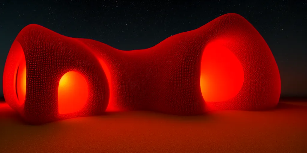 Prompt: A beautiful photo of a blob shaped trypophobia house with a mysterious red glow emitting from inside, stunning, gorgeous, golden ratio, photorealistic, featured on artstation, 4k resolution