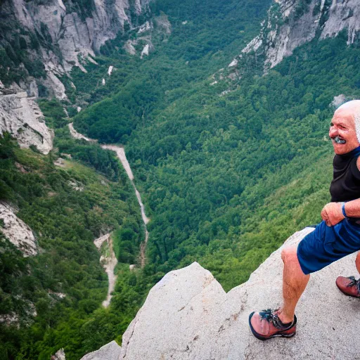 Prompt: elderly man base jumping from a cliff, smiling, happy, cliff, base jumping, parachute, nature, canon eos r 3, f / 1. 4, iso 2 0 0, 1 / 1 6 0 s, 8 k, raw, unedited, symmetrical balance, wide angle