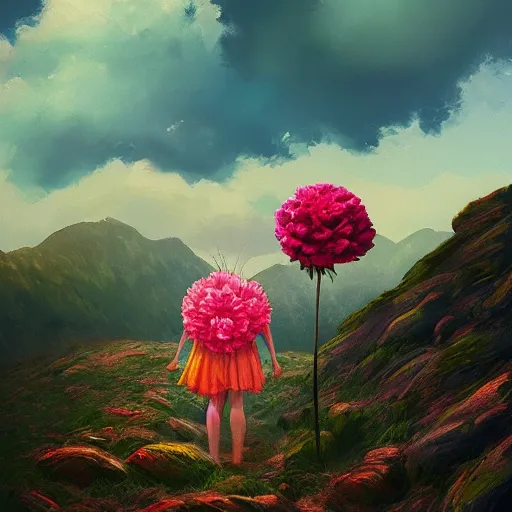 Image similar to giant carnation flower head, girl hiking in the mountains, surreal photography, sunrise, dramatic light, impressionist painting, colorful clouds, digital painting, artstation, simon stalenhag