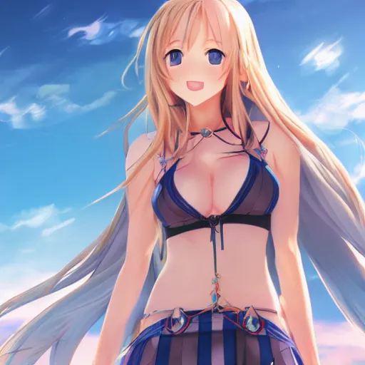Image similar to a very beautiful yuuki asuna, full body, long wavy blond hair, sky blue eyes, full round face, bikini, miniskirt, front view, mid - shot, cute pose, highly detailed, cinematic wallpaper by stanley artgerm lau