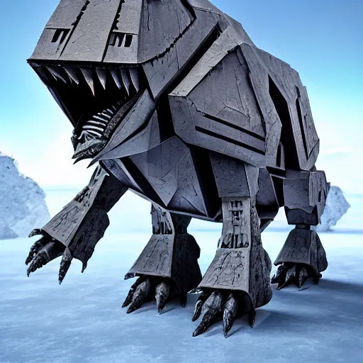 Prompt: a fusion between the tarrasque and an AT-AT, flat grey color, completely metal, gun turrets on shoulders, walking across ice planet, hyper-realistic CG