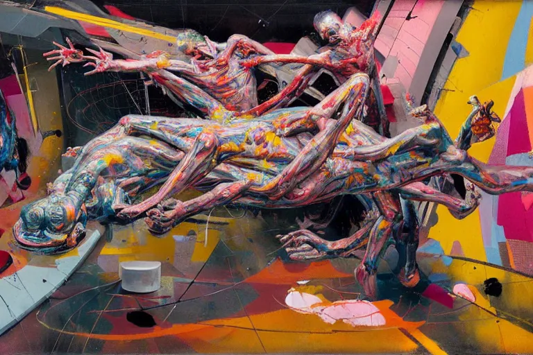 Prompt: bodies entwined in a fight inside a vibrant, brutalist space ship, extremely intricate and detailed, by painted by!!! francis bacon!!!, adrian ghenie, and james jean. 8 k masterpiece