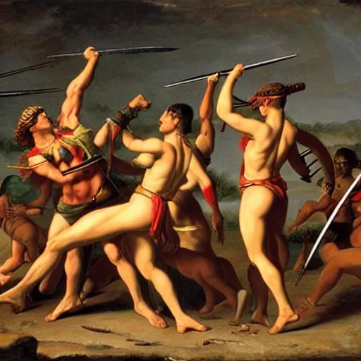 Prompt: muscular warrior women, amazonian warrior women, women fighting men, muscular men, spartan warrior men, clashing in bloody field, art by jacques - louis david