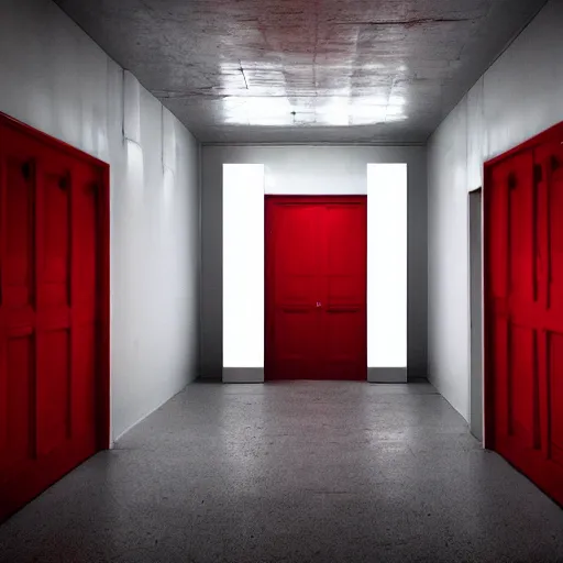Prompt: a white room with multiple red doors, surreal, creepy, unsettling, liminal space,