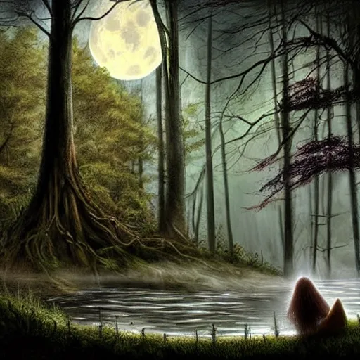 Image similar to highly realistic scenic painting of a towering misty dark fantasy forest surrounding a pond, a rusalka sits on the roots of an ancient tree looking up at the moon, spooky fog, scary forest, fantasy painting hd