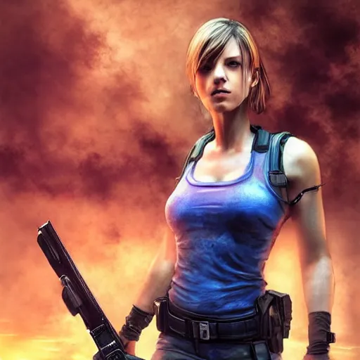 Image similar to jill valentine, posing heroically, zombie apocalypse, heavenly, full body close-up shot, elegant, realistic character concept, high fantasy, light atmosphere, golden ratio, cinematic lighting, hyperdetailed, high resolution, insanely detailed and intricate, artstation, Marc Simonetti, Greg Rutkowski, octane render, 8k