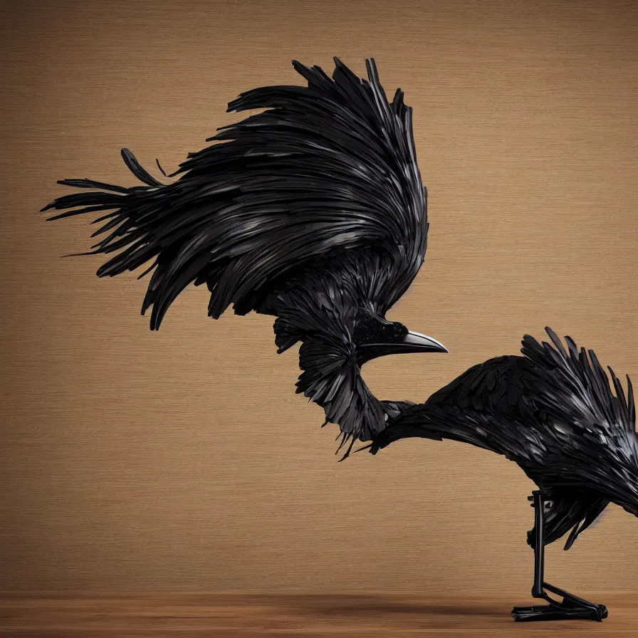 Image similar to an image of a masquerade mask shaped like a raven sitting on a wooden desk, highly detailed, cinematic lighting, realistic, 8 k, rendered in unreal