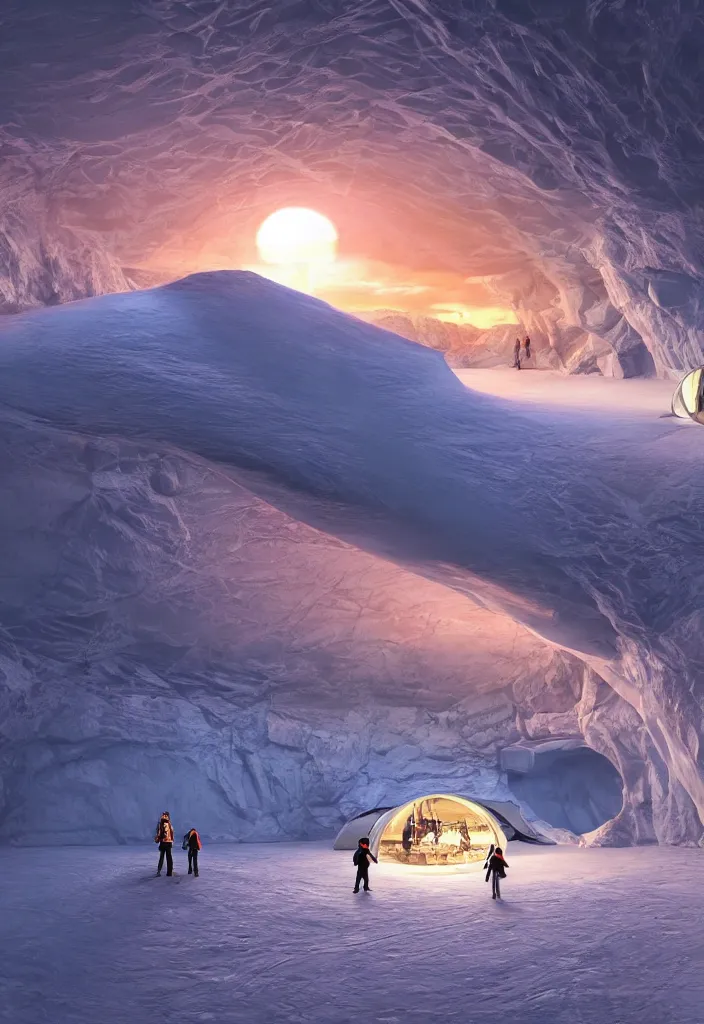 Image similar to Multiple tunnels in antartica with a transparent roof that shows a beautiful sunset, multiple people in the tunnels around campfires and futuristic igloos, facinating, fantasy digital art, octane render, beautiful composition, trending on artstation, award-winning photograph, masterpiece