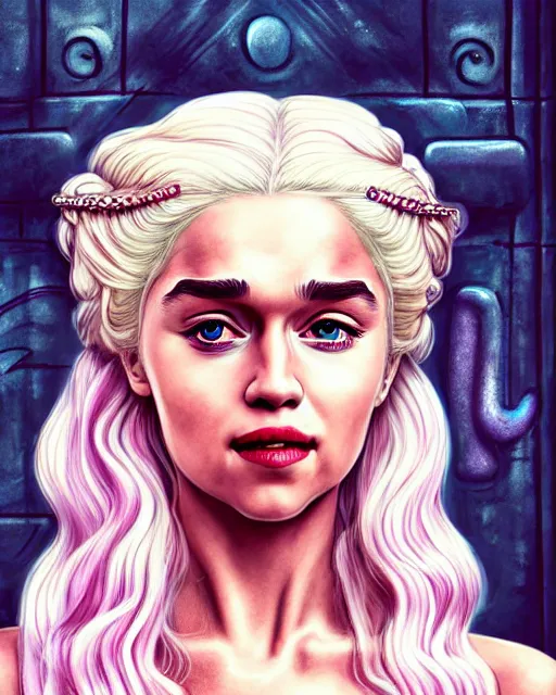 Image similar to closeup portrait happy beautiful daenerys targaryen with long blonde windblown hair in an ornate royal dress, standing on a street in chinatown, pink lipstick, glamour pose, detailed illustration, digital art, trending on artstation, arney freytag, frank miller, moebius, graffiti,