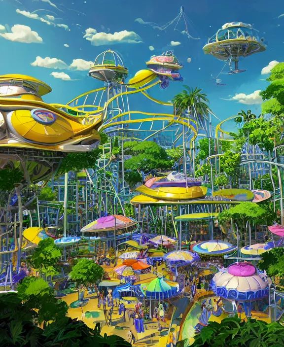 Image similar to simplicity, an amusement park made out of sleek fat asymmetrical organic creatures, in the style of an aerodynamic blobby spaceship, overgrown with orchids, partly cloudy, sun - drenched, dramatic lighting, by dan mumford, yusuke murata, makoto shinkai, ross tran, cinematic, unreal engine, cel shaded, featured on artstation, pixiv