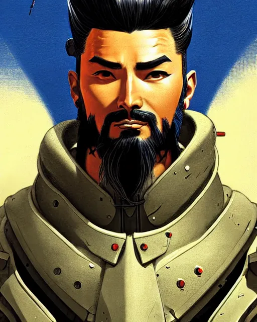 Image similar to hanzo from overwatch, character portrait, portrait, close up, concept art, intricate details, highly detailed, vintage sci - fi poster, retro future, vintage sci - fi art, in the style of chris foss, rodger dean, moebius, michael whelan, and gustave dore