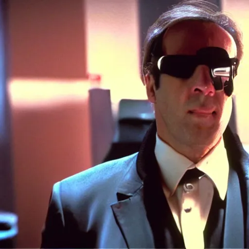 Prompt: Saul Goodman playing as Neo in the Matrix fighting Smith