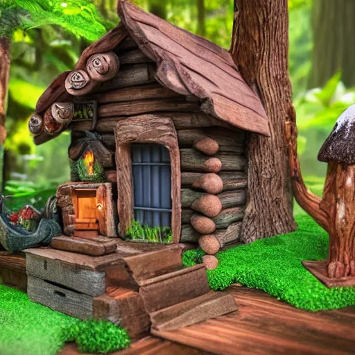 Prompt: elf magical forest cabin with a chimney realistic photo