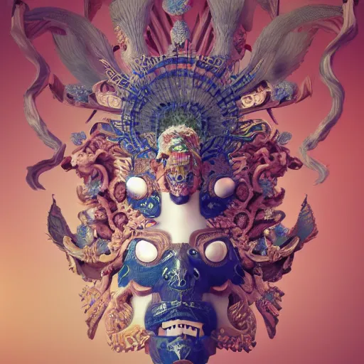 Image similar to 3 d goddess close - up profile portrait russian with ram skull. beautiful intricately detailed japanese crow kitsune mask and clasical japanese kimono. betta fish, jellyfish phoenix, bio luminescent, plasma, ice, water, wind, creature, artwork by tooth wu and wlop and beeple and greg rutkowski